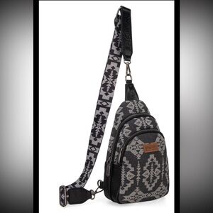 Wrangler Southwestern Print Small Canvas Sling Bag/Crossbody/Chest Bag in Gray